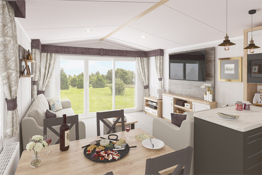 Swift Bordeaux 35' x 12' 2 bedroom model sited at Friary Farm Caravan Park, Blakeney, North Norfolk.