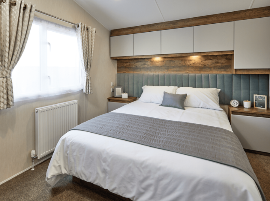 Picture of the master bedroom in a Willerby Brookwood 38 x 12 2 bedroom Static Holiday Caravan sited on Orchard Holiday Park, Wells next the Sea, North Norfolk.