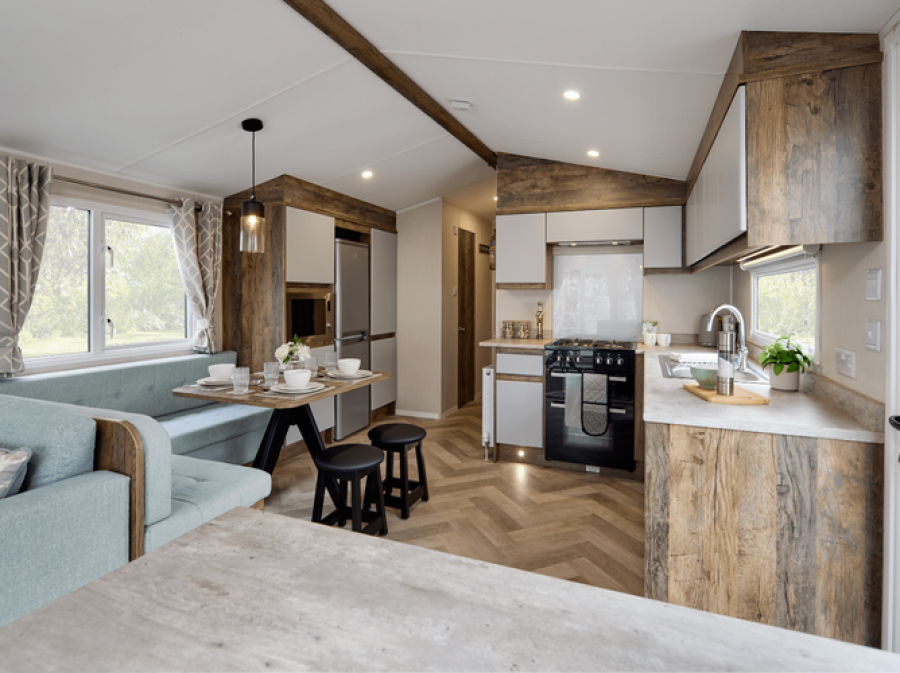 Picture of the lounge/diner/kitchen in a Willerby Brookwood 38 x 12 2 bedroom Static Holiday Caravan sited on Orchard Holiday Park, Wells next the Sea, North Norfolk.