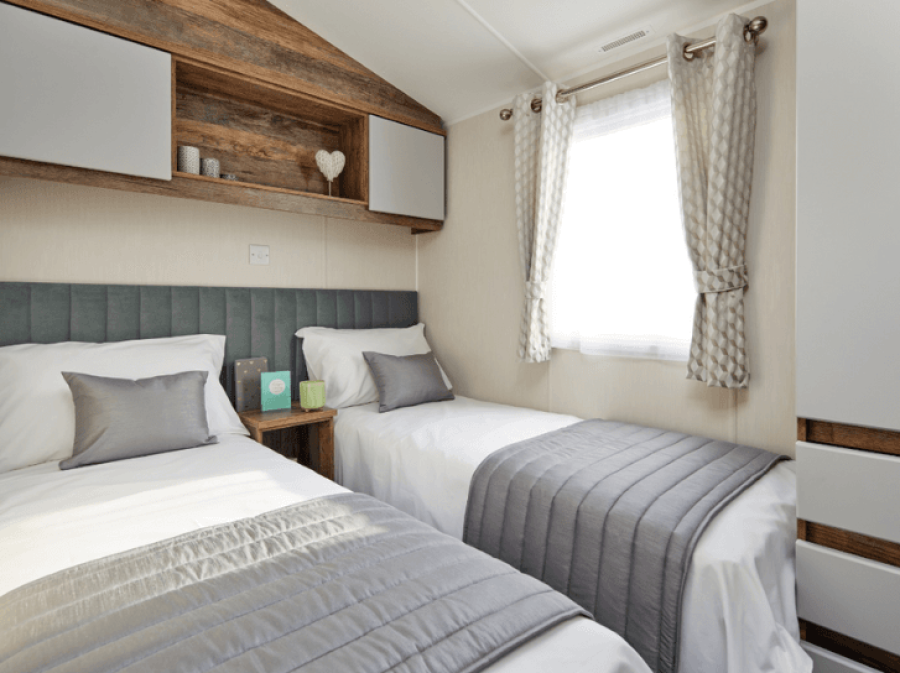 Picture of the twin bedroom in a Willerby Brookwood 38 x 12 2 bedroom Static Holiday Caravan sited on Orchard Holiday Park, Wells next the Sea, North Norfolk.