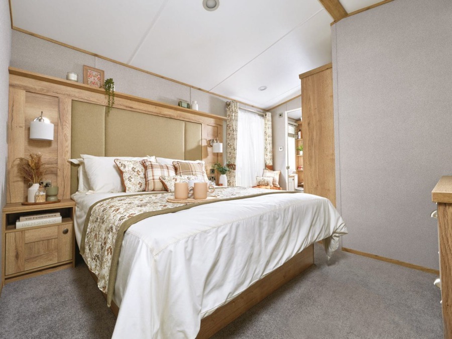 Picture of the Master bedroom in an ABI Ambleside 40 x 14 2 bedroom Static Caravan Holiday sited at the Orchard Holiday Park, Wells next the Sea, North Norfolk.