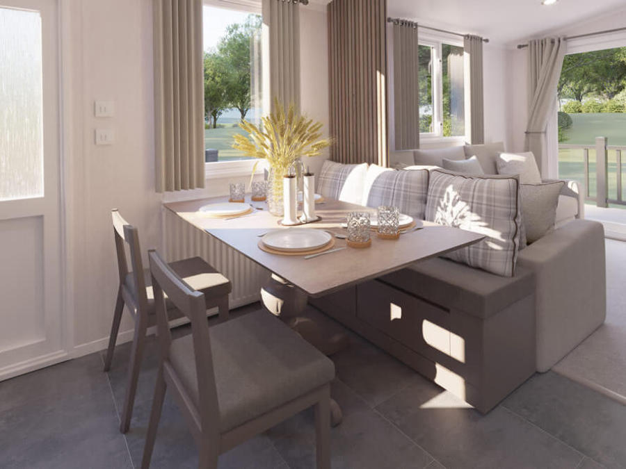 Picture of the dining area in an Swift Morlaix 40 x 14 2 bedroom Static Caravan Holiday Home sited at the Orchard Holiday Park, Wells next the Sea, North Norfolk.