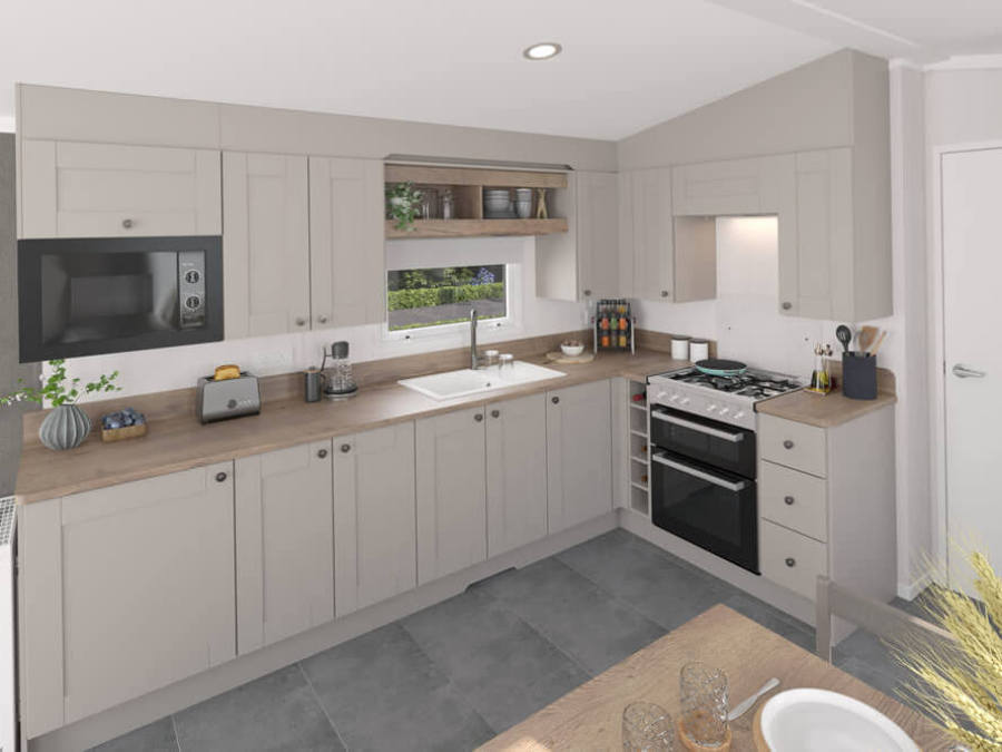 Picture of the kitchen area in an Swift Morlaix 40 x 14 2 bedroom Static Caravan Holiday Home sited at the Orchard Holiday Park, Wells next the Sea, North Norfolk.