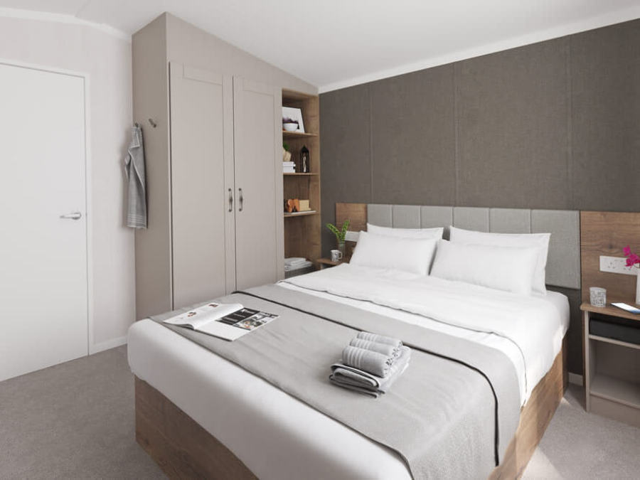 Picture of the master bedroom in an Swift Morlaix 40 x 14 2 bedroom Static Caravan Holiday Home sited at the Orchard Holiday Park, Wells next the Sea, North Norfolk.