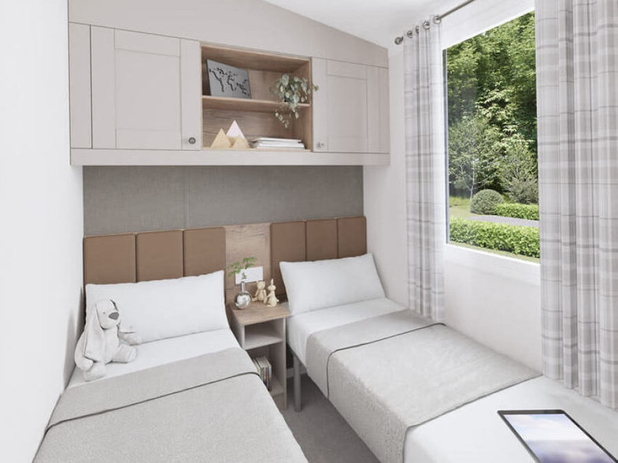 Picture of the twin bedroom in a Swift Morlaix 40 x 14 2 bedroom Static Caravan Holiday Home sited at the Orchard Holiday Park, Wells next the Sea, North Norfolk.