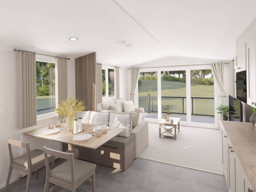 Picture of the long view from the kitchen in a Swift Morlaix 40 x 14 2 bedroom Static Caravan Holiday Home sited at the Orchard Holiday Park, Wells next the Sea, North Norfolk.