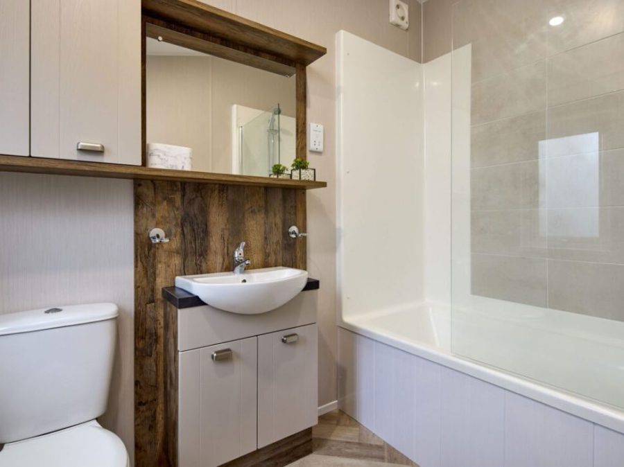 Picture of the en-suite bathroom in a 2026 42 x 14 2 bedroom Willerby Sheraton Elite sited on the Orchard Holiday Park, Wells next the Sea, North Norfolk.