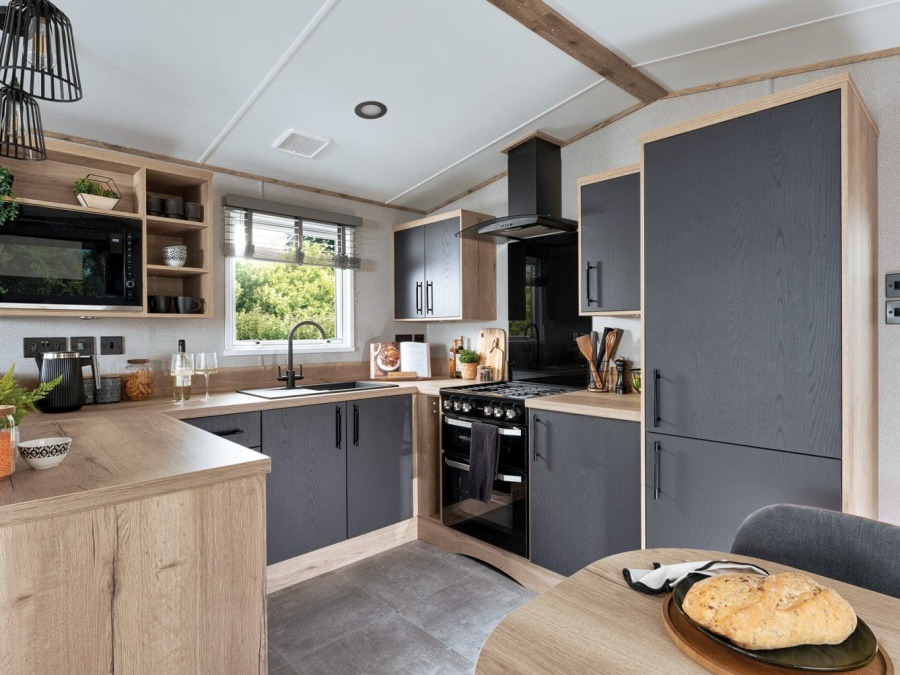 Picture of the kitchen area in a ABI St. David 38 x 12 2 bedroom Static Hoilday Caravan sited on Friary Farm Caravan Park, Blakeney, North Norfolk.