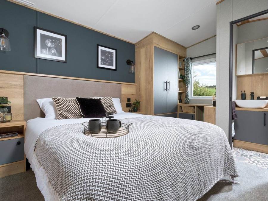 Picture of the master bedroom area in a ABI St. David 38 x 12 2 bedroom Static Hoilday Caravan sited on Friary Farm Caravan Park, Blakeney, North Norfolk.