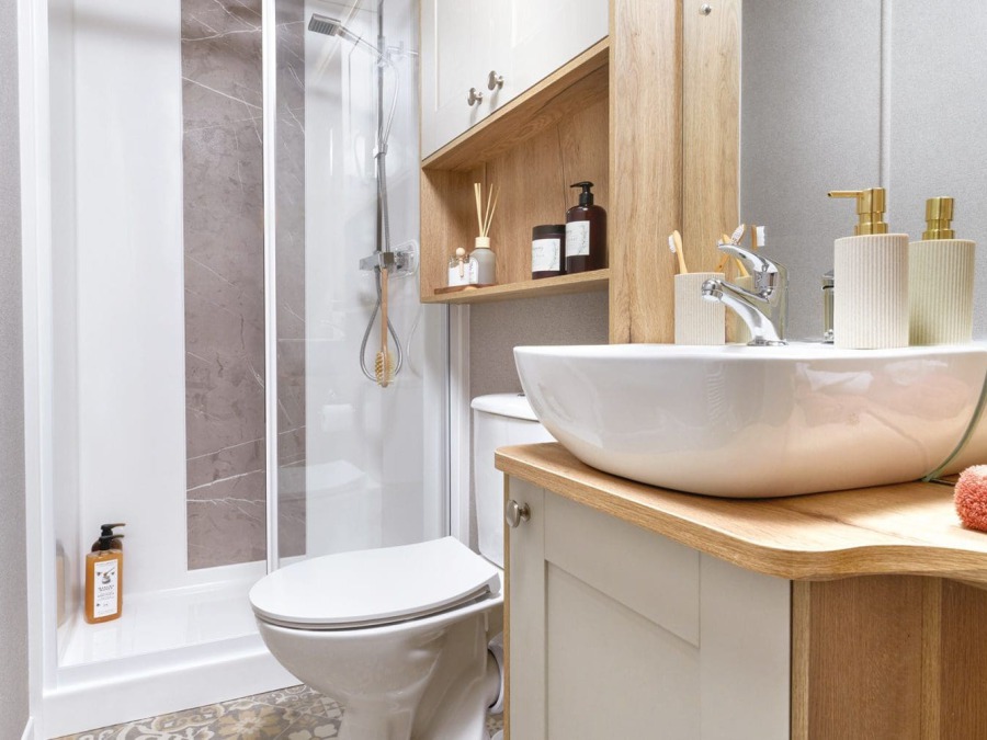 Picture of the shower  room in a ABI Ambleside 40 x 13 2 bedroom Static Holiday Caravan sited at Friary Farm Caravan Park, Blakeney, North Norfolk.