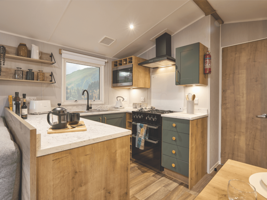Picture of the kitchen in a Willerby Sierra 38 x 12  2 bedroom Static Holiday Caravan sited at Friary Farm Caravan Park, Blakeney, North Norfolk.