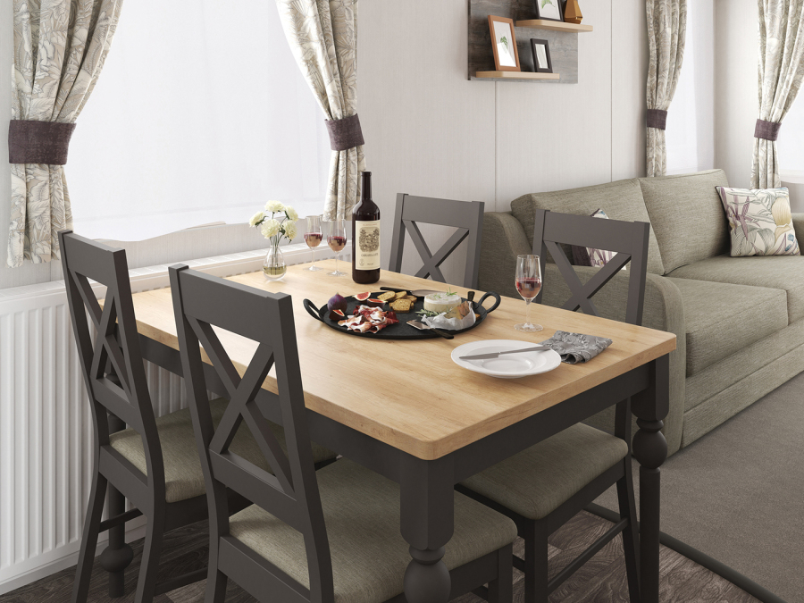 Picture of the dining area in a Swift Bordeaux 35 x 12  2 bedroom Static Holiday Caravan sited at Friary Farm Caravan Park, Blakeney, North Norfolk.