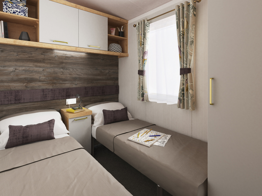 Picture of the twin bedroom in a Swift Bordeaux 35 x 12  2 bedroom Static Holiday Caravan sited at Friary Farm Caravan Park, Blakeney, North Norfolk.